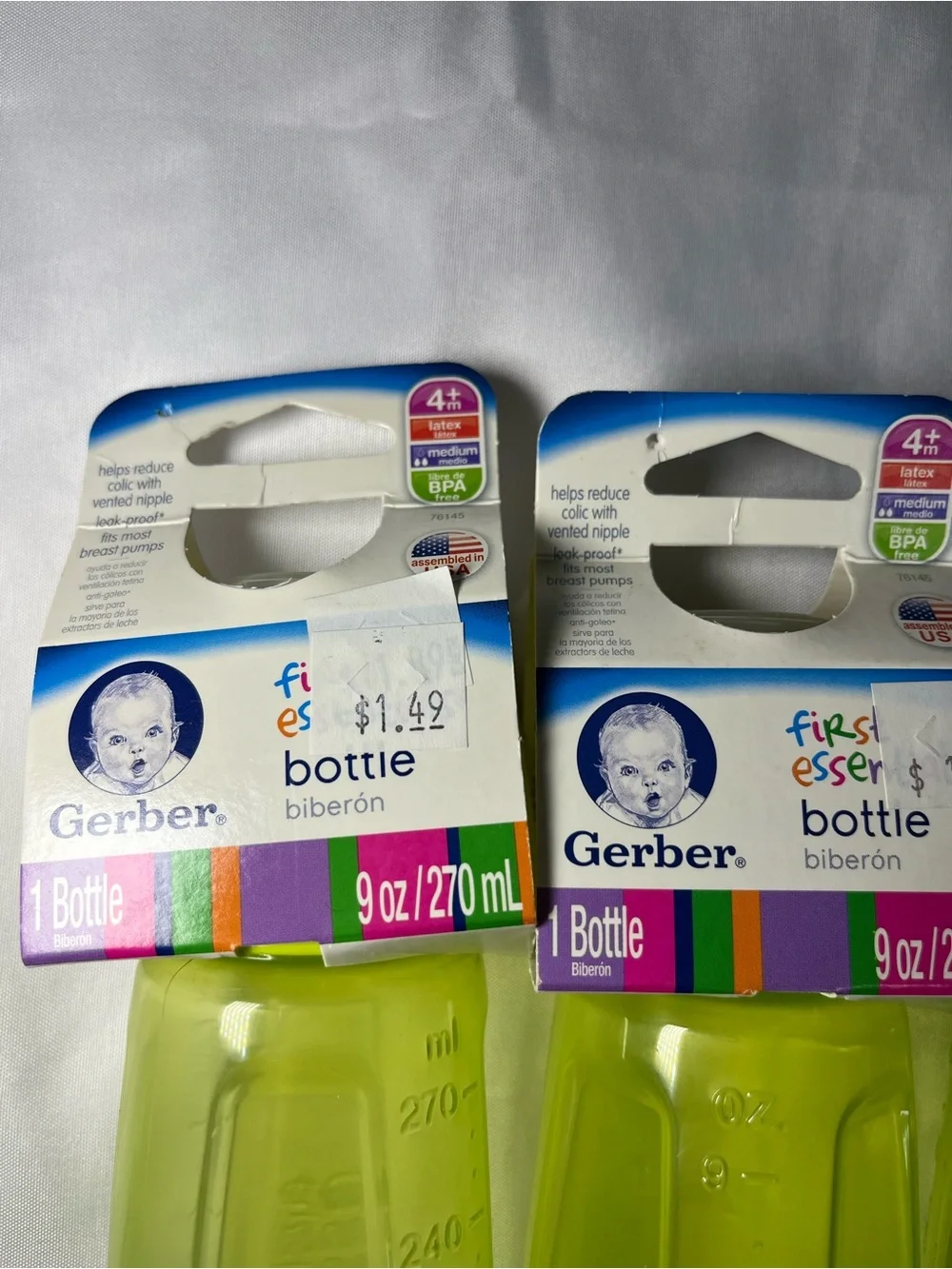 6 Gerber First Essentials Baby Bottles 9oz Green Medium‎ Flow Latex Nipple New